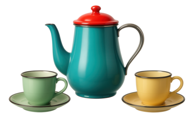 Colorful enamel coffee set with retro charm, perfect for a vintage-inspired kitchen.