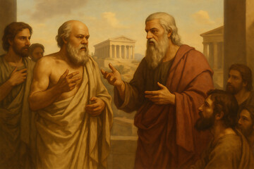 Classical painting of ancient philosophers engaged in debate discussion in ancient Greece with marble buildings and traditional robes