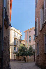 Quiet square with pastel buildings and tree in Perpignan, France