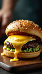 A burger with melted cheese oozing out of it