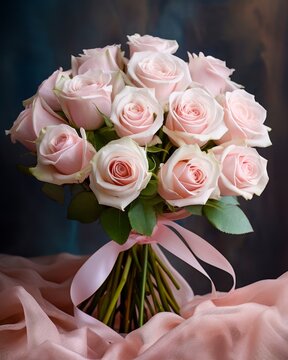 A luxurious bouquet of pink and white roses wrapped in silk paper softfocus background  flower photography