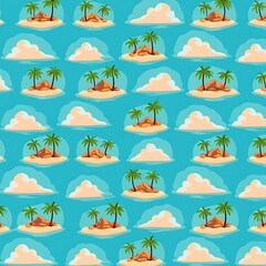 Fototapeta premium Tropical island palm trees and clouds seamless pattern image