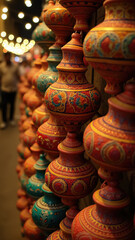 Lohri. Ceramic vases arranged in colorful artistic display. Indian traditions. Cultural celebration.