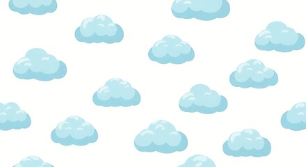 Blue Cartoon Cloud Pattern on White Background, Whimsical and Airy