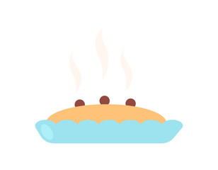 Hot pie with red berries in blue pie pan steaming. Isolated food element for design.