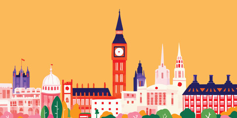 Fototapeta premium An artistic illustration showcases a vibrant skyline of London, the iconic Big Ben stands tall amidst a panorama of renowned buildings, capturing the spirit of a global city and its historic charm.