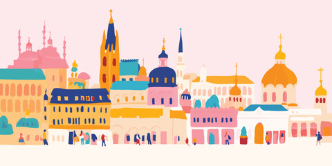 An abstract illustration of a charming cityscape in pastel hues, with architectural detail and stylized figures adding life to the urban panorama.