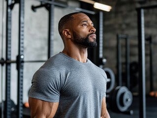 Pensive African American man working out in gym during daytime