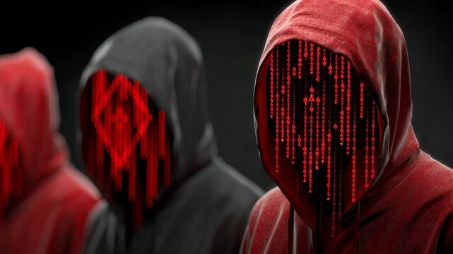 Hooded Figures Representing Cybersecurity Threats Display Malicious Software Through Glowing Red Digital Code Patterns Evoking Danger and Intrigue