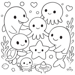 Cute Ocean Animals Underwater Scene Coloring Pages And Vector .