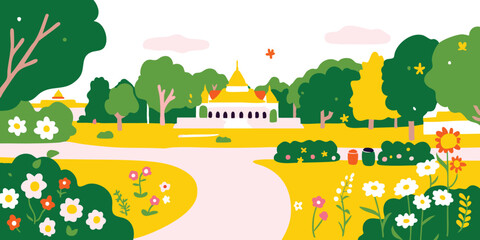 An eye-level view of the elegant Grand Palace, embraced by vibrant blossoms and lush foliage in a mesmerizing illustration.Thailand, Grand Palace, thai, Thai culture, thai graphics, thai palace, thai.