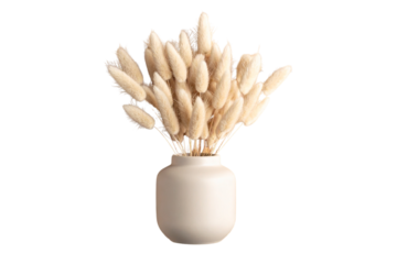 Top View of Neutral Ceramic Pot with Dried Bunny Tails and Wooden Surface, PNG Transparent Background