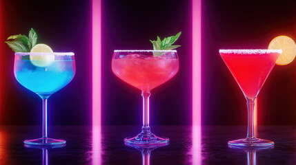 Colorful cocktails drinks with neon lights background perfect for bar and night club promotions ads design