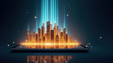 Digital cityscape emerging from tablet in futuristic glow