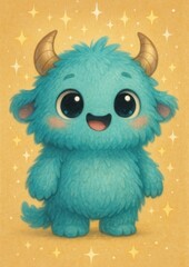 Fototapeta premium Adorable blue monster with horns