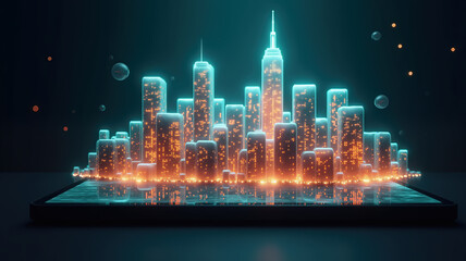 Vibrant glowing cityscape emerging from tablet in futuristic digital art