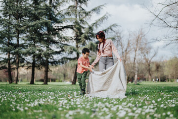 A caring Asian mother and her young son bond together while setting a blanket outdoors in a lush...