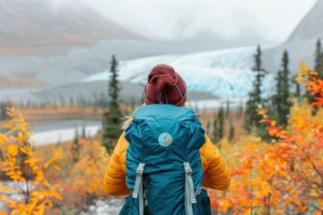 Naklejka premium Adventurer enjoys breathtaking view of glacier and fall foliage in national park during chilly autumn day