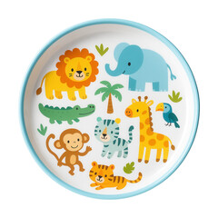 Children's plate with colorful animal illustrations for mealtime fun in a family kitchen.