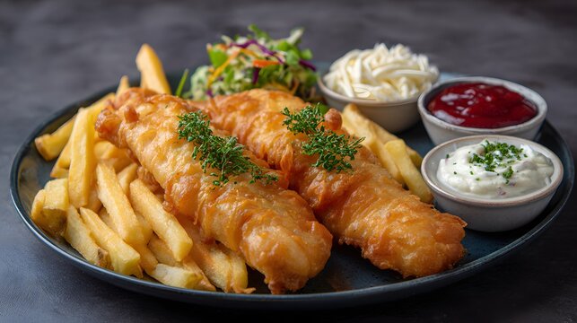 Vibrant Culinary Journey: Stunning Presentation of Crispy Fish Fillets and Golden Fries with Innovative Dipping Sauces for a Refined Classic Comfort Meal