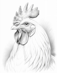 Chicken portrait. Farm coloring page for adults. Grayscale sketch illustration.