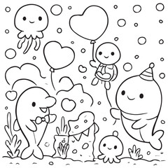 Cute Ocean Animals Underwater Scene Coloring Pages And Vector .