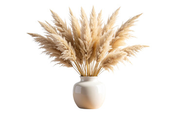 Side View of Ceramic Vase with Pampas Grass on Wooden Table, Isolated on Transparent Background