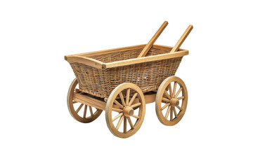 Wooden cart with wicker basket body and spoked wheels on a black backdrop featuring two wooden handle shafts isolate