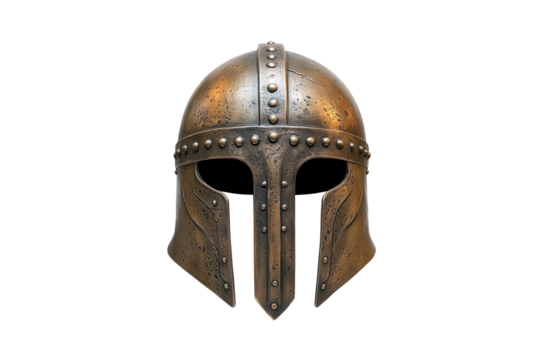 Front view of a bronze medieval helmet detailed with rivets textured and worn against a dark background