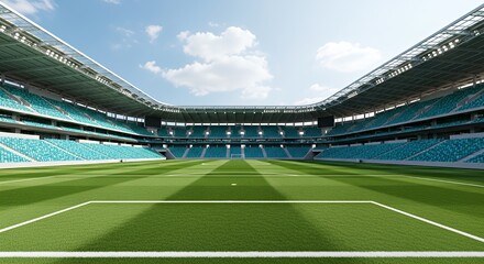Empty Soccer Stadium with Green Field and Blue Seats Under Cloudy Sky