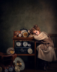 Portrait girl in studio. Lots of clocks.