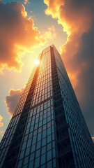 Skyscraper reflecting sunset clouds in vibrant cityscape