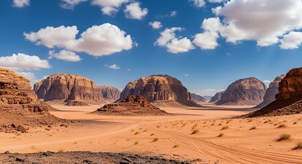 Fototapeta premium Scenic Desert Landscape with Sandstone Mountains and Blue Sky
