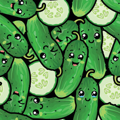 Kawaii Cucumber Seamless Pattern. Cute Pickles on Black Background