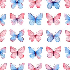 Watercolor butterflies in pink and blue hues arranged in a repeating pattern butterfly