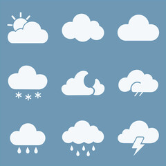 Weather icons showing sun behind clouds, rain, snow, lightning, and moon on a blue background