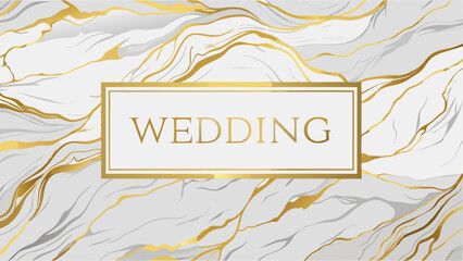 Vector art of a wedding invitation template features a white marble background with golden veins and a rectangular frame