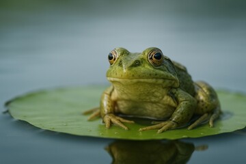 Obraz premium frog sitting on lily pad in quiet pond, macro shot, clean background