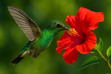 hummingbird feeding on red flower mid-flight, frozen motion, bright and vibrant