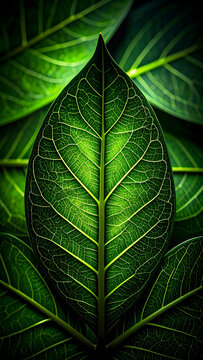 Close-up of vibrant green leaves showcasing intricate textures and patterns.