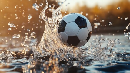 Dynamic splashing soccer ball action on water surface at sunset backdrop