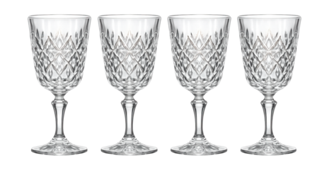 Crystal water goblets with intricate cut patterns for a luxurious dinner party.