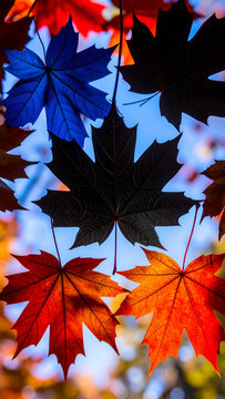 Colorful autumn leaves against a clear blue sky create a vibrant natural scene.