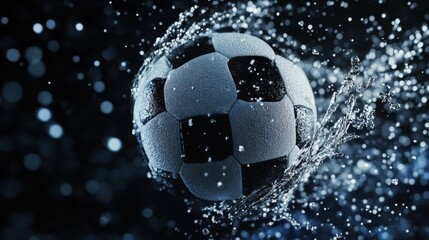 Fototapeta premium Dynamic soccer ball surrounded by splashing water droplets on a dark background