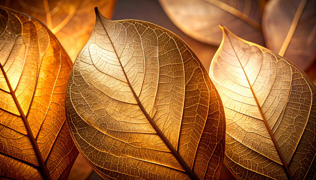 Delicate golden leaves illuminated, showcasing intricate vein patterns.
