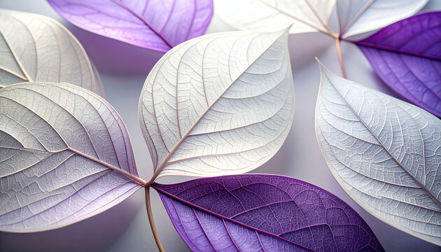 Delicate leaves in shades of purple and white, showcasing intricate textures and patterns.