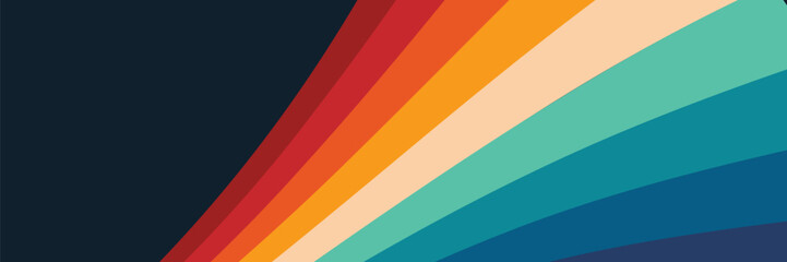 Abstract colorful 70s background vector. Vintage retro style wallpaper with lines, rainbow wavy stripes. 1970 color illustration design suitable for poster, banner.