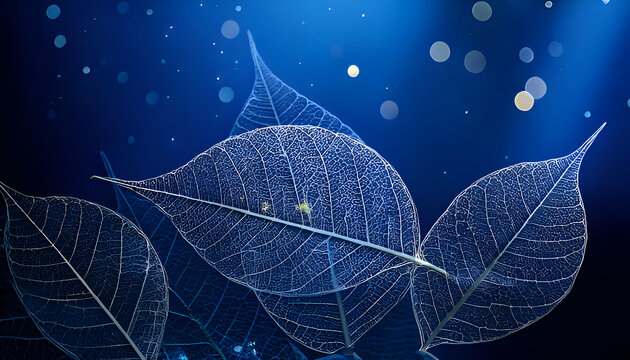 Delicate translucent leaves against a blue background with soft bokeh effects.