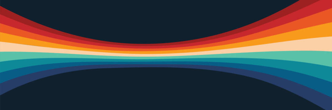 Fototapeta Abstract colorful 70s background vector. Vintage retro style wallpaper with lines, rainbow wavy stripes. 1970 color illustration design suitable for poster, banner.