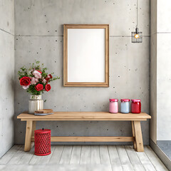 minimalist corner featuring a wooden bench , a blank frame on the concrete wall